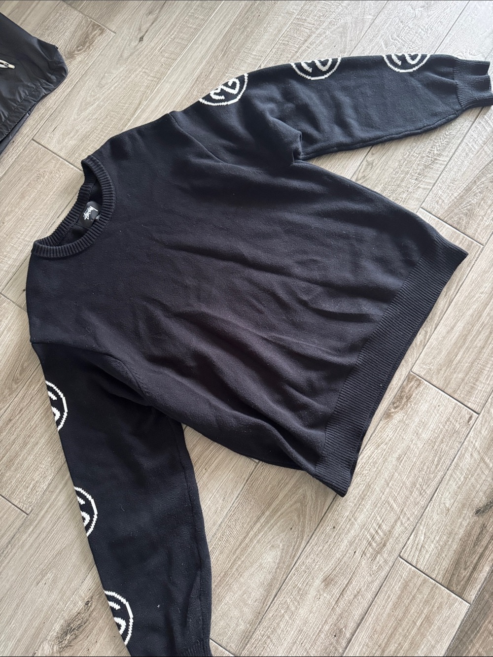 Stussy Black Crewneck Sweater with White Stussy Sleeve Accents